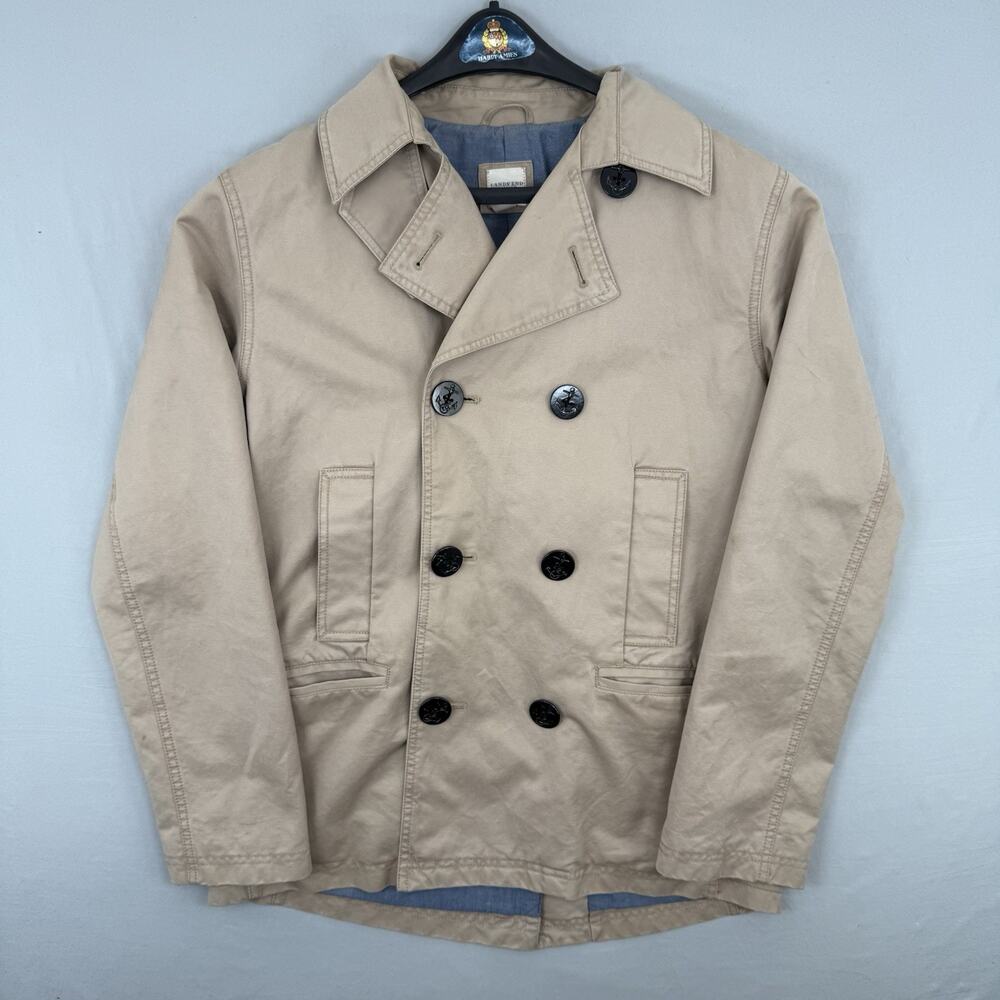 Lands End Canvas Mens Peacoat Jacket Medium Tan Khaki Double Breasted Trench